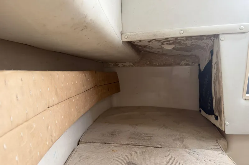 Slide: The Image of 2007 Cobia 312 Sport Cabin interior with beige upholstery and storage netting. - 15