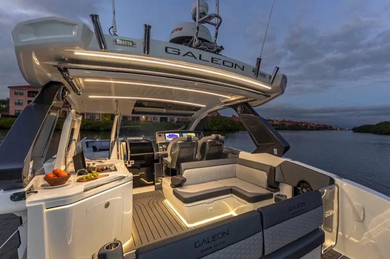 Slide: The Image of Manufacturer Provided Image: 2024 Galeon 325 GTO luxury yacht interior with ambient lighting at dusk. - 11