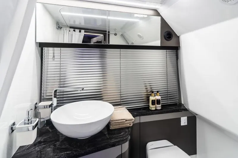 Slide: The Image of Manufacturer Provided Image: Modern bathroom in 2024 Galeon 325 GTO yacht with sleek fixtures and elegant design. - 15