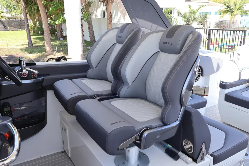Slide: The Image of 2024 Galeon 325 GTO interior seat detail with embroidered model name. - 47