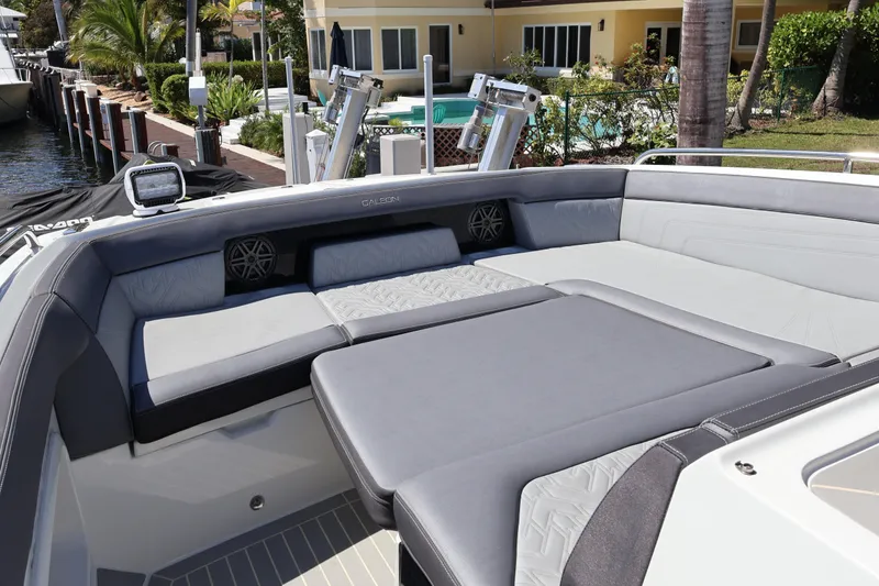 Slide: The Image of Modern white sink with chrome faucet on black countertop in 2024 Galeon 325 GTO. - 68