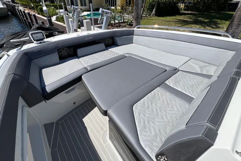 Slide: The Image of 2024 Galeon 325 GTO boat interior with speakers and luxurious seating. - 70