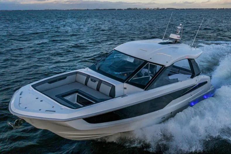 Slide: The Image of Manufacturer Provided Image: 2024 Galeon 325 GTO luxury motor yacht cruising on open water. - 8