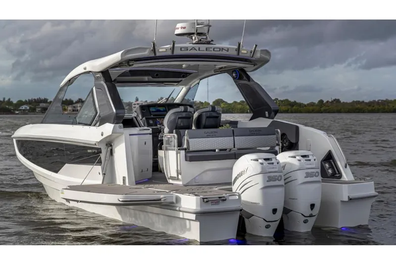 Slide: The Image of Manufacturer Provided Image: 2024 Galeon 325 GTO luxury motor yacht with twin Mercury 350 engines on water. - 9