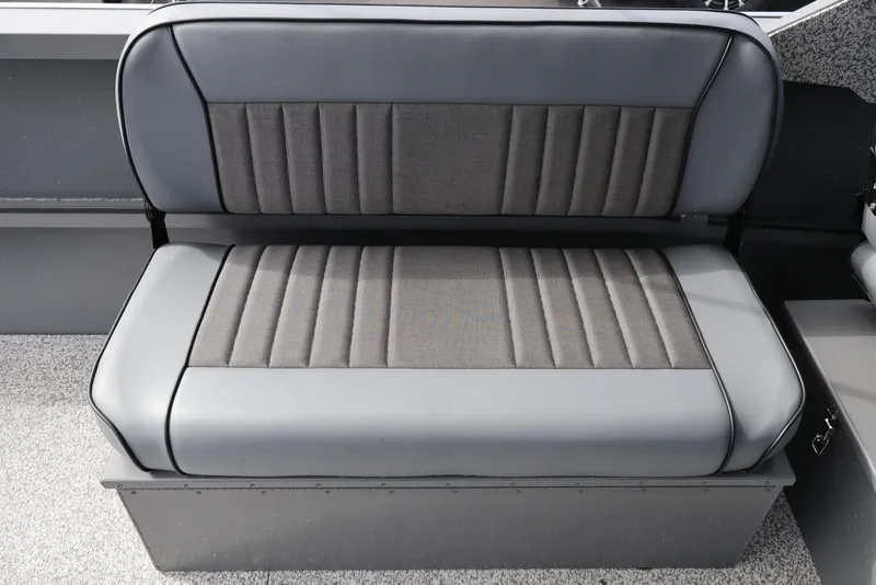 Slide: The Image of 2026 Alumaweld Intruder Outboard 20 boat seat, gray upholstery, modern design. - 25