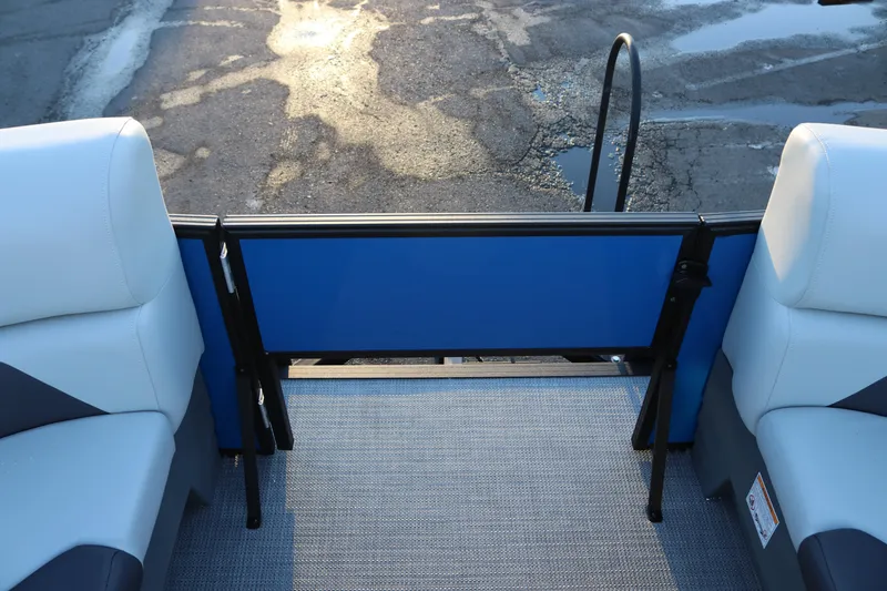 Slide: The Image of Interior view of 2026 SunChaser Geneva Fish 22 pontoon boat with blue paneling. - 12