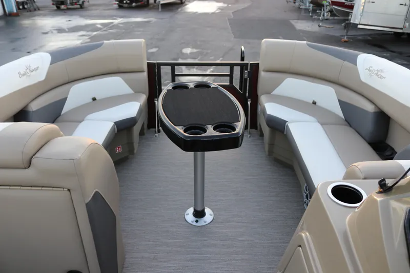 Slide: The Image of Interior of 2026 SunChaser Eclipse 23 SB DH pontoon boat with seating and table. - 13