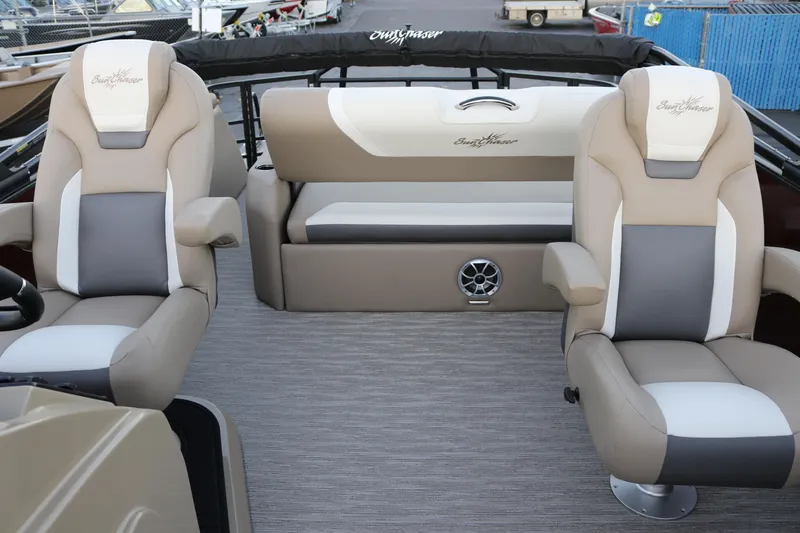 Slide: The Image of Luxurious interior of 2026 SunChaser Eclipse 23 SB DH pontoon boat with plush seating. - 25