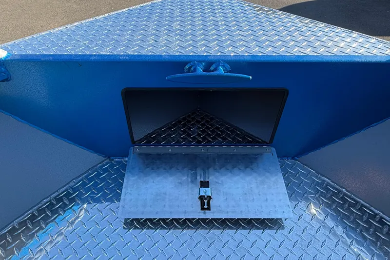 Slide: The Image of 2026 Alumaweld Intruder Outboard 22 interior with gray seating and spacious layout. - 14