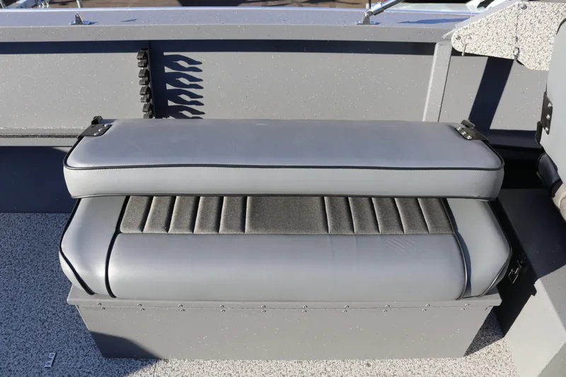 Slide: The Image of 2026 Alumaweld Intruder Outboard 20 boat seat, gray upholstery, sleek design. - 22