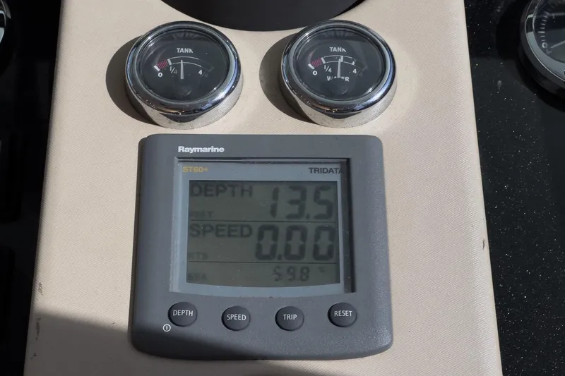 Slide: The Image of Raymarine display on 2013 Azimut Magellano 50 showing depth and speed readings. - 43