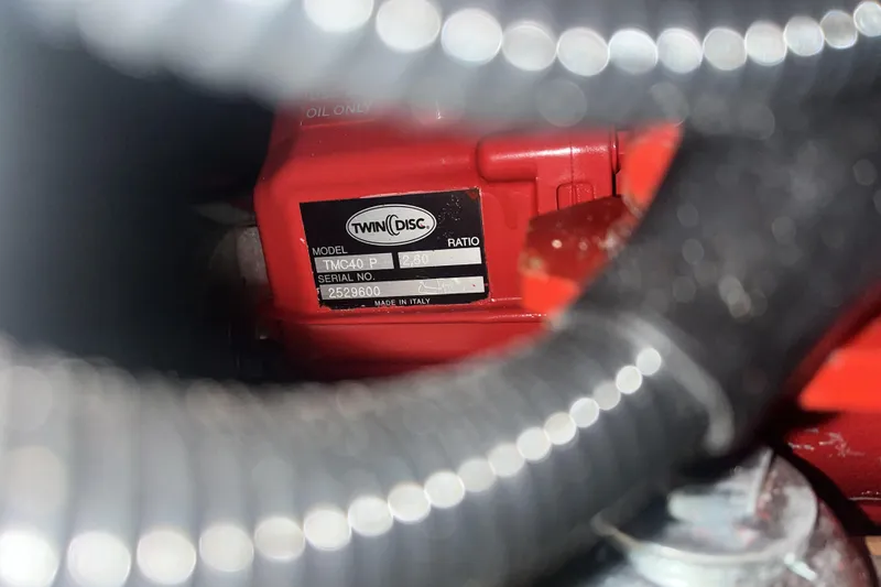 Slide: The Image of Close-up of a Twin Disc TMC40 P model label on a Catalina 34, 1989. - 38