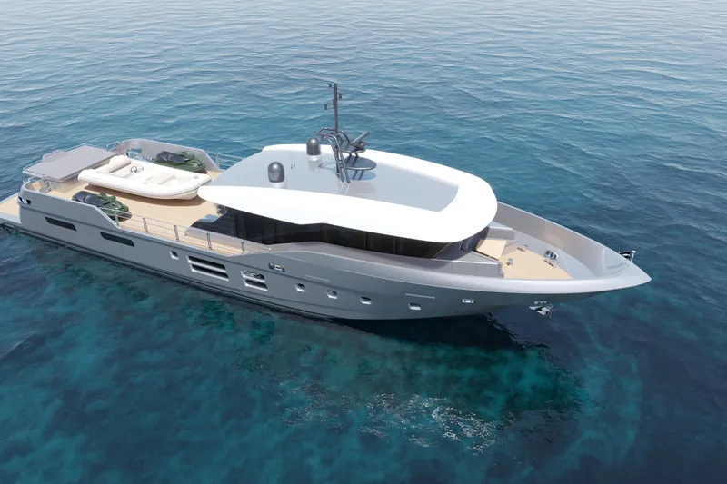 Slide: The Image of Luxurious 2027 Canados 100 yacht cruising on clear blue waters. - 2