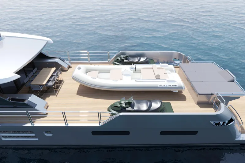Slide: The Image of Luxury Canados 100 yacht deck with tender and jet skis, 2027 model. - 3