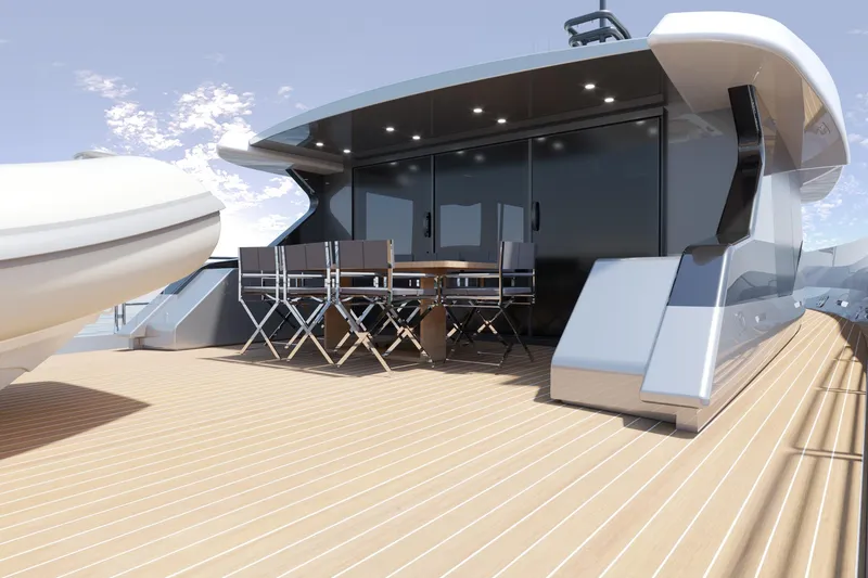 Slide: The Image of Luxurious 2027 Canados 100 yacht deck with modern seating and sleek design. - 4