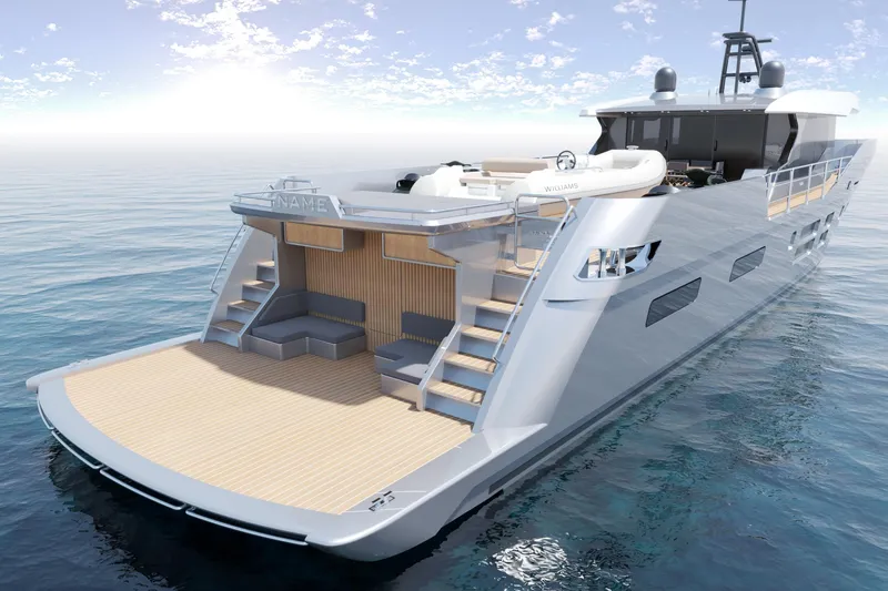 Slide: The Image of Luxury Canados 100 yacht, 2027 model, featuring sleek design and spacious deck on calm waters. - 5