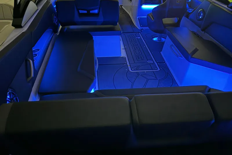 Slide: The Image of Luxurious interior of 2022 Scarab 285 ID boat with blue LED lighting. - 115
