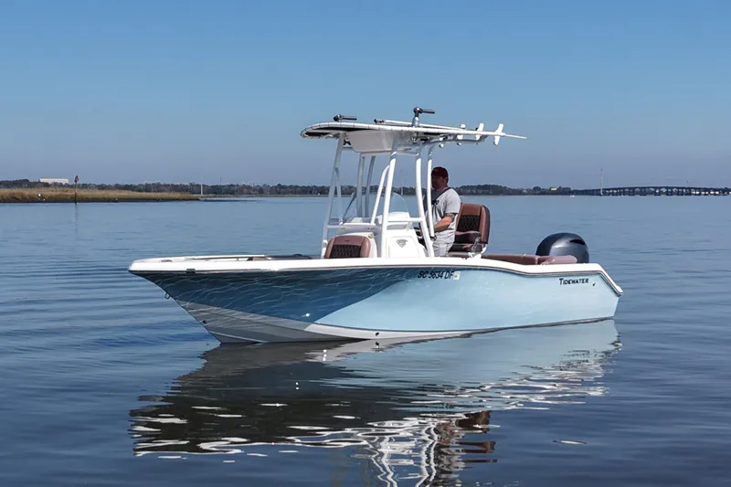 The Image of 2017 Tidewater 210 LXF boat on calm water, clear sky background. - 0