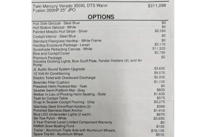Slide: The Image of 2023 Chaparral 300 OSX options list with pricing details and features. - 52