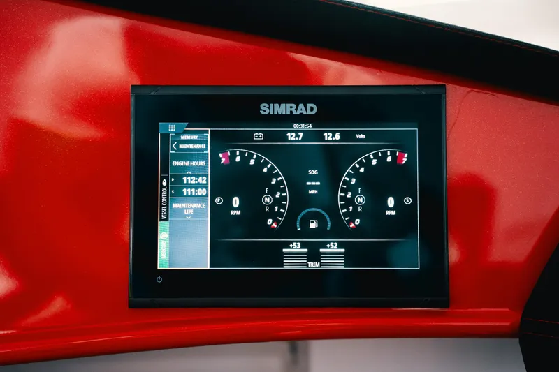 Slide: The Image of Simrad display on Statement 360 CAT 2025, showing engine metrics and maintenance data. - 16