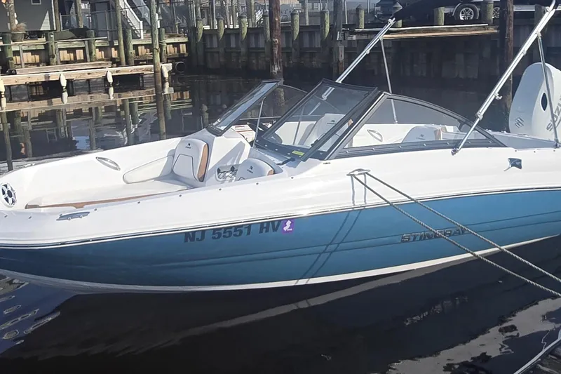Slide: The Image of 2025 Stingray 191 DC boat docked, featuring sleek design and blue-white color scheme. - 16