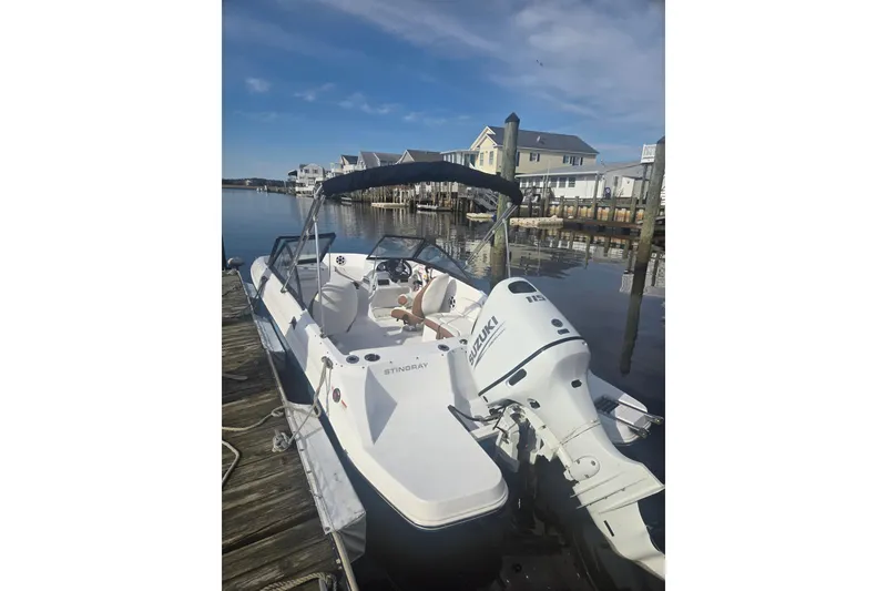 Slide: The Image of 2025 Stingray 191 DC boat docked by waterfront homes under clear blue sky. - 3