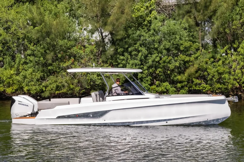 Slide: The Image of 2025 STERK 31 boat cruising on a calm river with lush greenery background. - 4