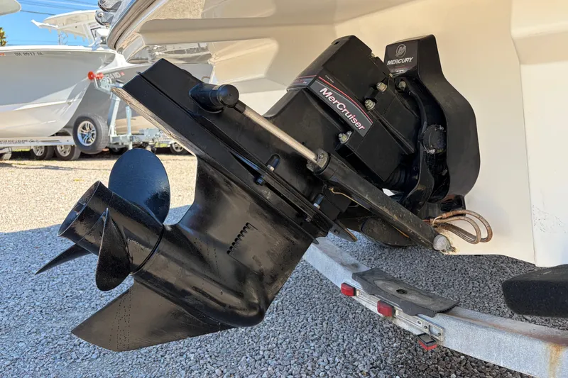 Slide: The Image of 2015 Sea Ray 19 SPX boat with MerCruiser engine and propeller detail. - 8