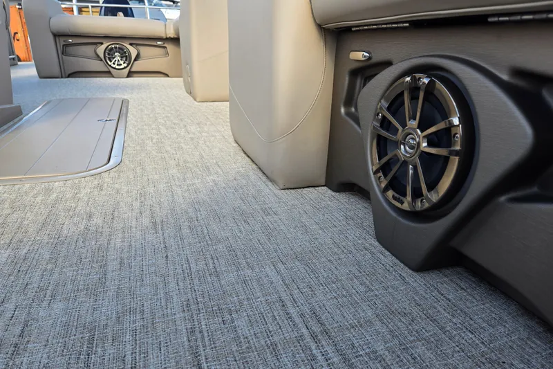 Slide: The Image of 2020 Avalon LSZ VRB 24' interior with premium speakers and textured flooring. - 30