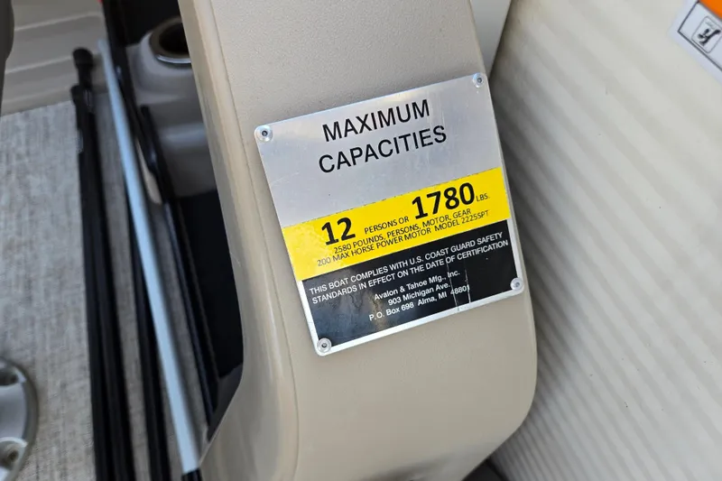 Slide: The Image of Maximum capacity label on 2020 Avalon LSZ VRB - 24' boat, 12 persons or 1780 lbs. - 54