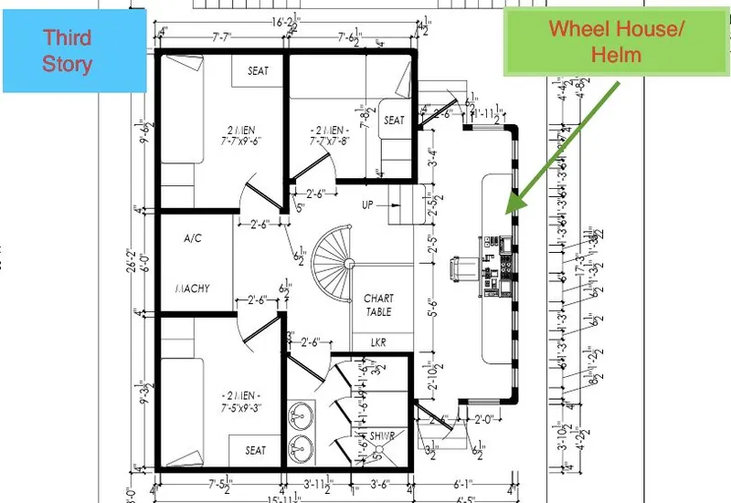 Slide: The Image of Floor plan of a 1981 custom lift boat's second story lounge and cabins. - 27