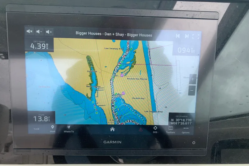 Slide: The Image of Garmin GPS display on 2023 Sailfish 276 DC, showing navigation map and speed. - 12