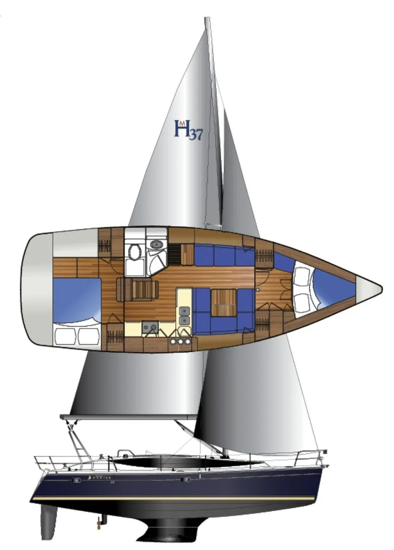Slide: The Image of 2016 Marlow-Hunter 37 sailboat layout and side view. - 3