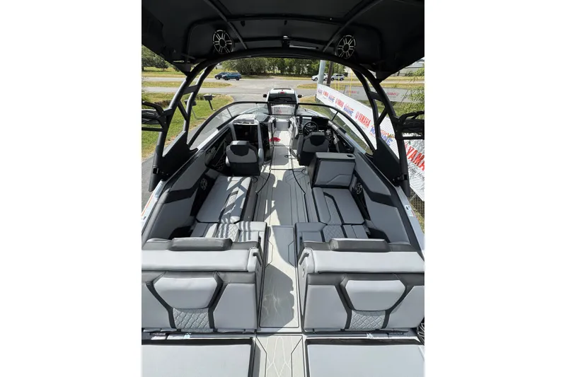 Slide: The Image of 2026 Yamaha Boats 255XD interior with sleek seating and modern design. - 3