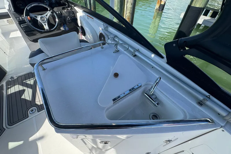 Slide: The Image of Luxury boat interior with sink and steering wheel, 2019 Monterey M-65 model. - 22