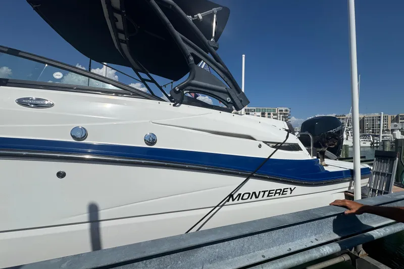 Slide: The Image of 2019 Monterey M-65 boat docked at marina under clear blue sky. - 6