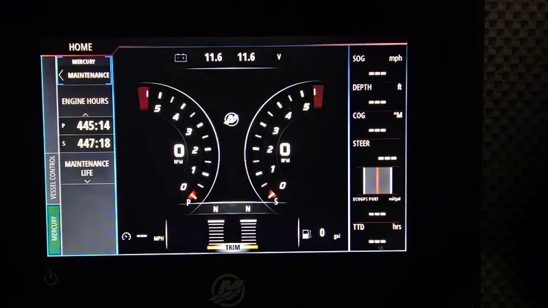 Slide: The Image of Dashboard of a 2017 Cruisers Yachts 338CX showing engine hours. - 26