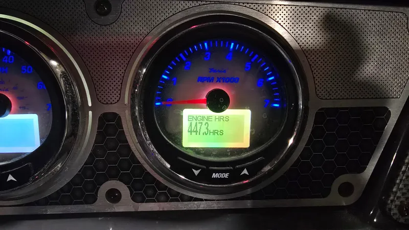 Slide: The Image of Cruisers Yachts 338CX 2017 tachometer showing 447.3 engine hours. - 27