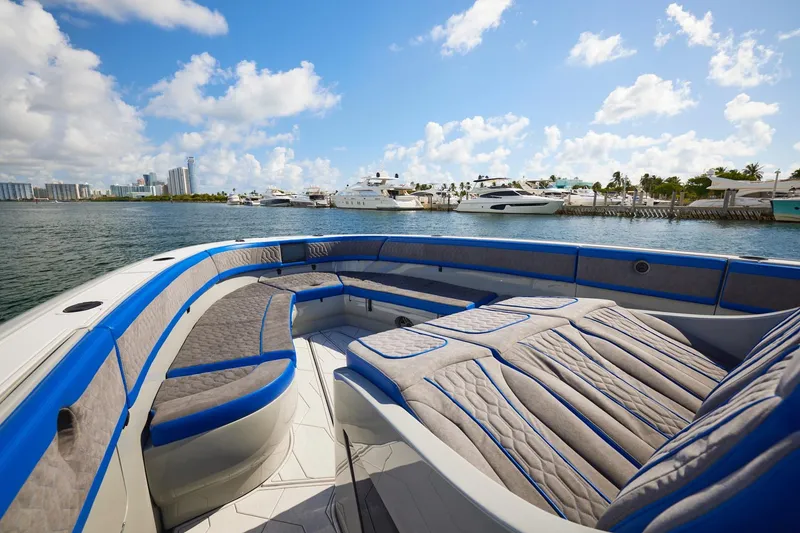 Slide: The Image of Luxurious 2023 Midnight Express 43 Solstice boat interior with waterfront view. - 10