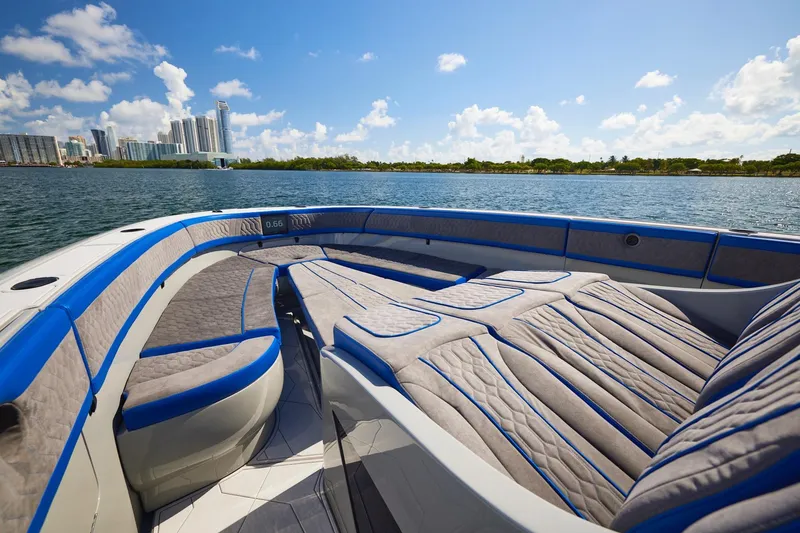 Slide: The Image of Luxurious 2023 Midnight Express 43 Solstice boat interior with city skyline view. - 12