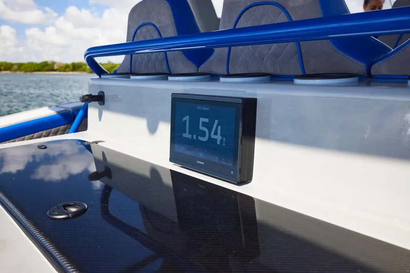 Slide: The Image of 2023 Midnight Express 43 Solstice boat dashboard with GPS speed display. - 18