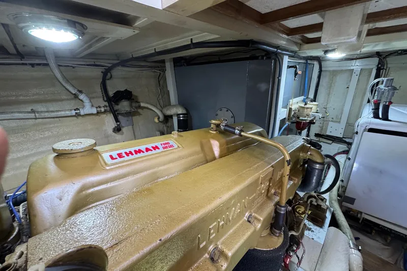 Slide: The Image of Engine room of a 1978 Grand Banks 42 Classic with Lehman Ford diesel engine. - 23