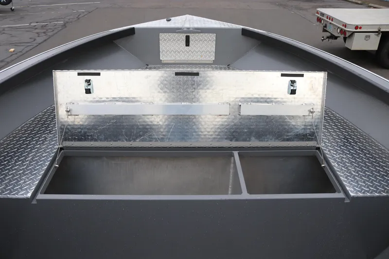 Slide: The Image of Alumaweld Columbia 23 boat interior storage compartments, 2026 model, with diamond plate accents. - 18