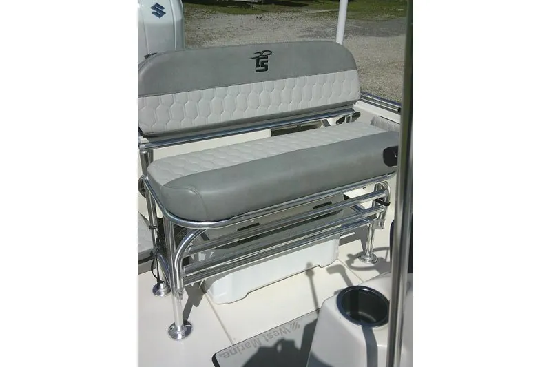 Slide: The Image of 2024 Carolina Skiff 21 LS boat seat with gray upholstery and stainless steel frame. - 24