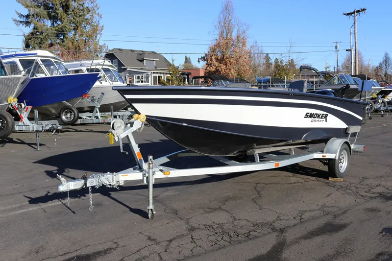 Slide: The Image of 2026 Smoker Craft Pro Lodge 160 boat on trailer in outdoor lot. - 6