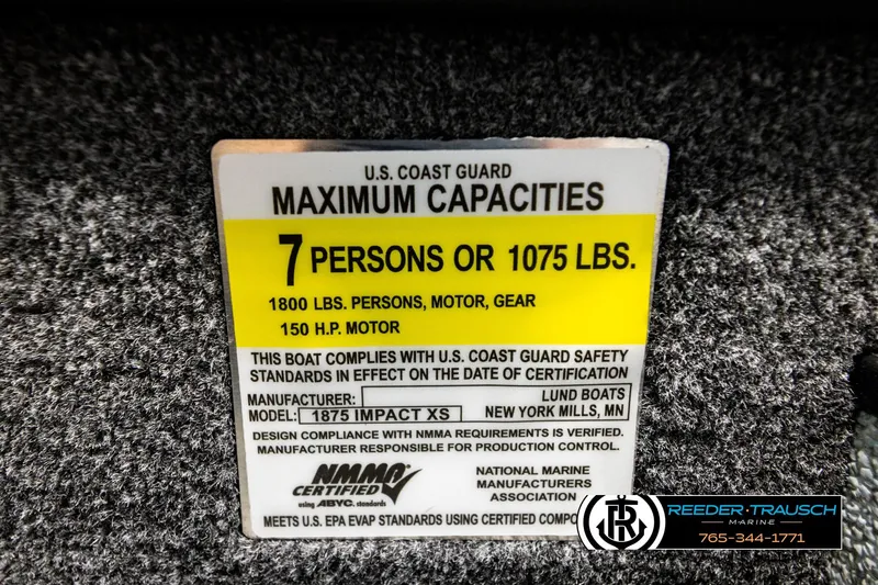 Slide: The Image of Capacity label for 2026 Lund 1875 Impact XS boat, 7 persons or 1075 lbs. - 59