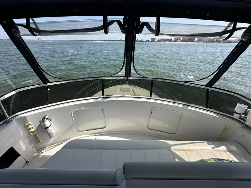 Slide: The Image of View from the helm of a 2000 Carver 406 Motor Yacht on the water. - 14