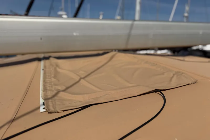 Slide: The Image of Tan canvas cover on 2006 Beneteau Oceanis 523 sailboat deck. - 79