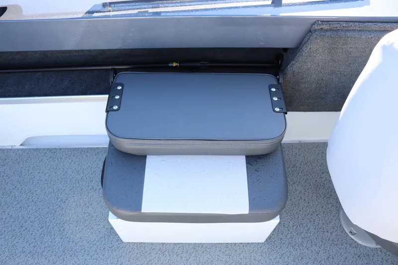 Slide: The Image of 2026 Smoker Craft Osprey 162 boat seat with gray upholstery and storage compartment. - 14