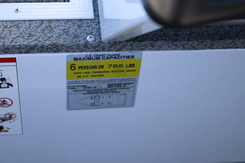 Slide: The Image of 2026 Smoker Craft Osprey 162 capacity label, 6 persons or 765 lbs limit. - 25